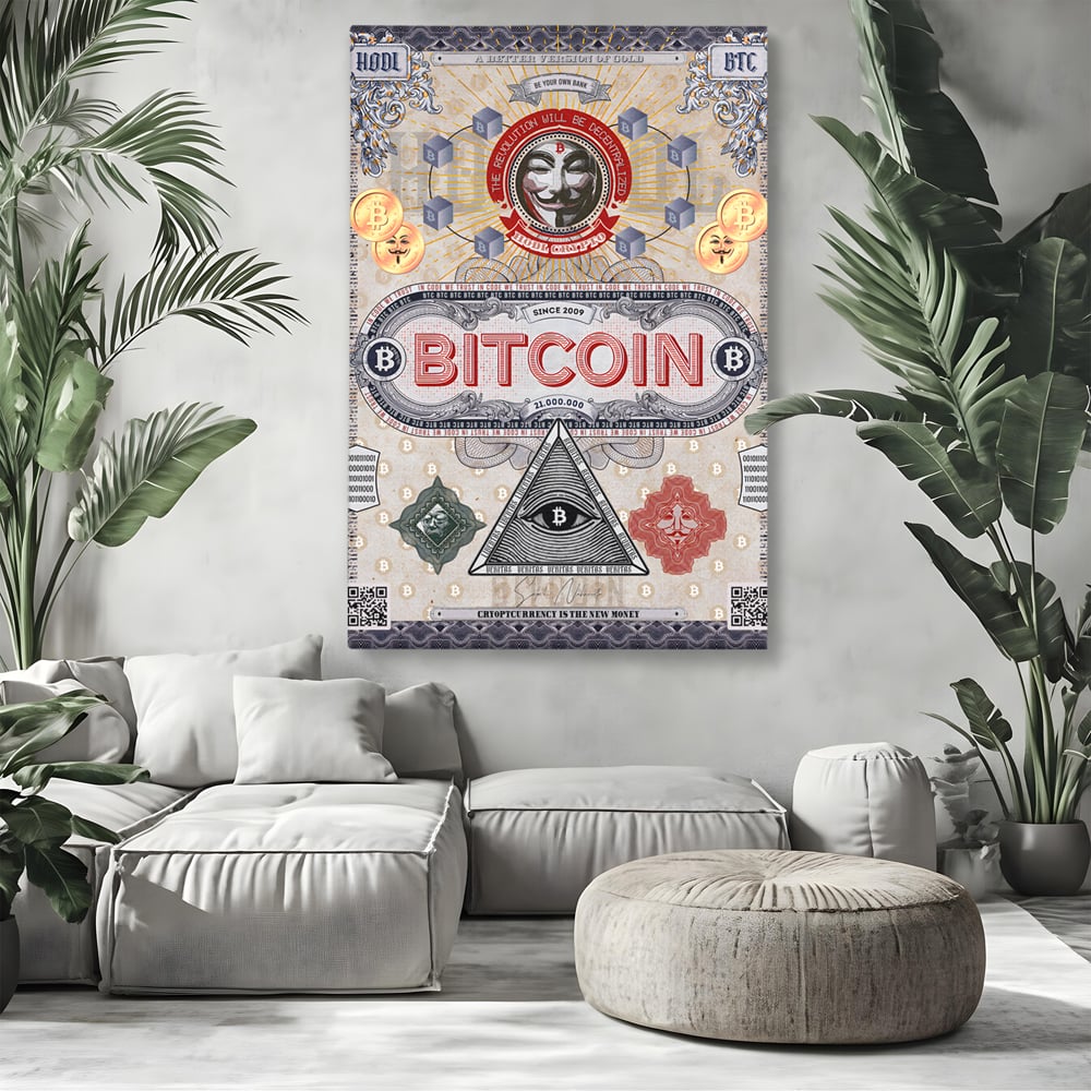 Tablou canvas cu ilustratie digitala cu tema bitcoin si criptomonede, fara rama, pe sasiu de lemn, pe perete intr-un living
